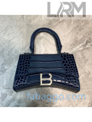 Balenciaga Hourglass Mini Top Handle Bag in Shiny Crocodile Embossed Leather Navy Blue/Silver 2020