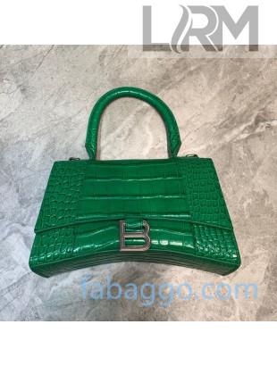 Balenciaga Hourglass Small Top Handle Bag in Shiny Crocodile Embossed Leather Bright Green/Silver 2020