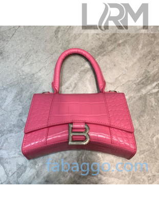 Balenciaga Hourglass Mini Top Handle Bag in Shiny Crocodile Embossed Leather Light Pink/Silver 2020