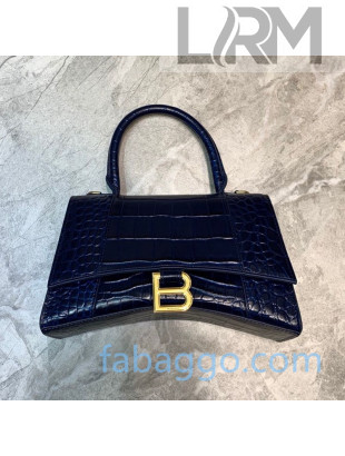 Balenciaga Hourglass Small Top Handle Bag in Shiny Crocodile Embossed Leather Navy Blue/Gold 2020