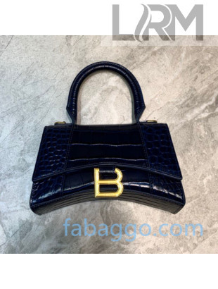 Balenciaga Hourglass Mini Top Handle Bag in Shiny Crocodile Embossed Leather Navy Blue/Gold 2020