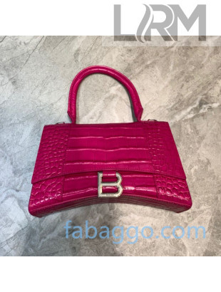 Balenciaga Hourglass Small Top Handle Bag in Shiny Crocodile Embossed Leather Hot Pink/Silver 2020