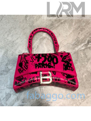 Balenciaga Hourglass Mini Top Handle Bag in Graffiti Smooth Calfskin Hot Pink/Silver 2020