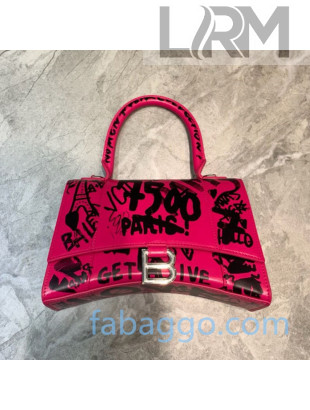 Balenciaga Hourglass Small Top Handle Bag in Graffiti Smooth Calfskin Hot Pink/Silver 2020