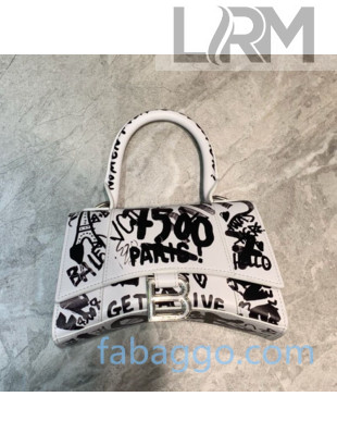 Balenciaga Hourglass Mini Top Handle Bag in Graffiti Smooth Calfskin White/Silver 2020