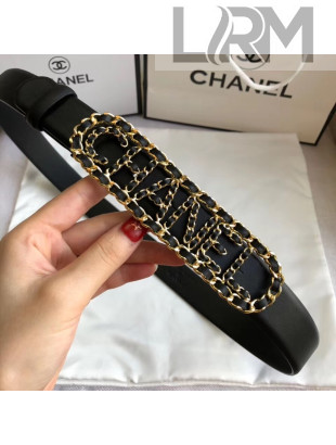 Chanel Width 3cm Leather Belt with Chain Long Buckle Black 2020