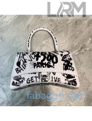 Balenciaga Hourglass Small Top Handle Bag in Graffiti Smooth Calfskin White/Silver 2020