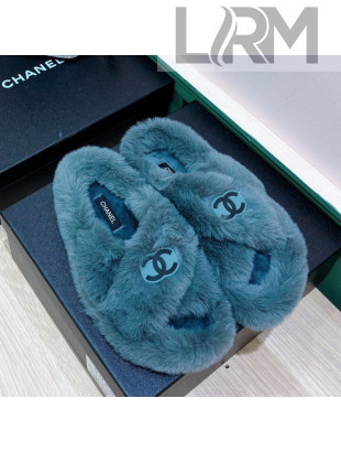 Chanel Rabbit Fur Cross Flat Sandals Blue 2020