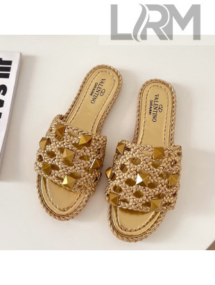 Valentino Roman Stud Flat Slide Sandals in Woven Leather Gold 2021