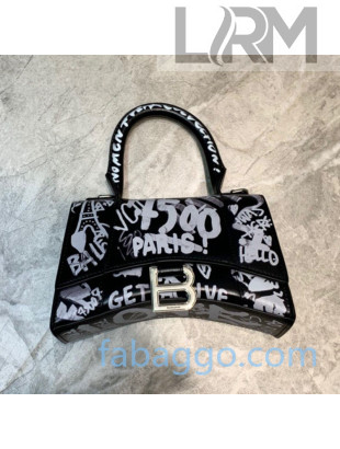 Balenciaga Hourglass Mini Top Handle Bag in Graffiti Smooth Calfskin Black/Silver 2020