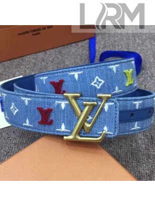 Louis Vuitton New Wave Embroidery Monogram Denim Belt 35mm with LV Buckle Blue 2019