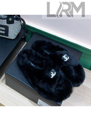 Chanel Rabbit Fur Cross Flat Sandals Black 2020