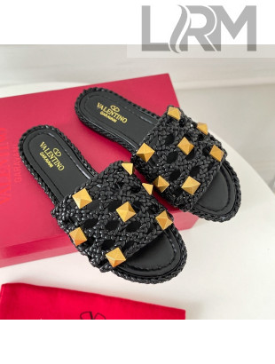 Valentino Roman Stud Flat Slide Sandals in Woven Leather Black 2021