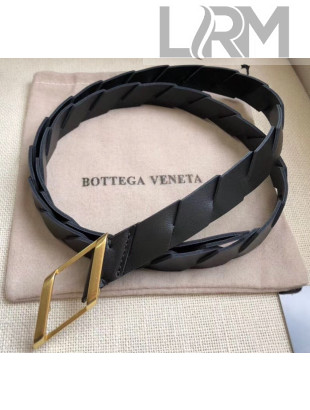 Bottega Veneta Width 2cm Intrecciato Calfskin Belt With Rhomboid Buckle Black/Gold 2020