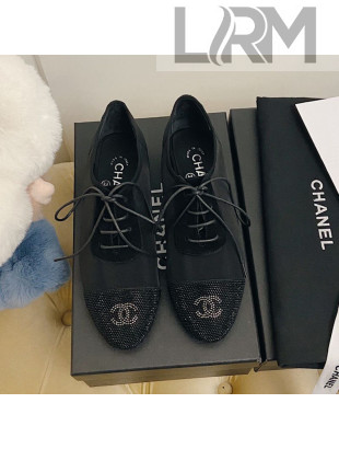 Chanel Mesh Crystal Lace up Flat Black 2020