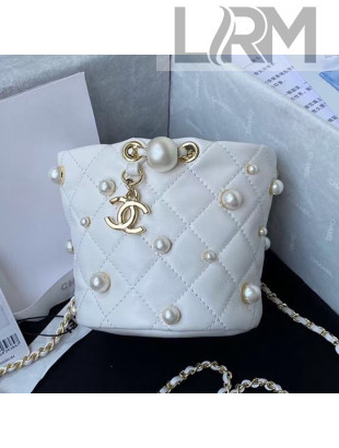 Chanel Lambskin Mini Drawstring Bucket Bag AS2518 White 2021