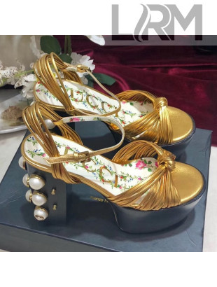 Gucci Pearls High Heel Metallic Leather Platform Sandal with Fron Knot Gold 2019
