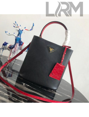 Prada Double Crocodile and Leather Bucket Bag 1BA212 Black/Red 2019