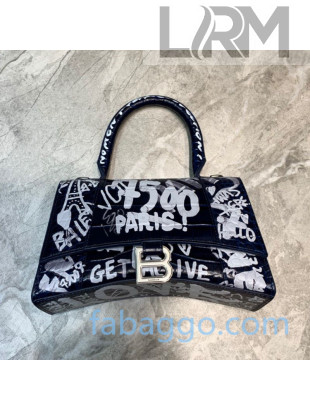 Balenciaga Hourglass Small Top Handle Bag in Graffiti Crocodile Embossed Leather Navy Blue/Silver 2020