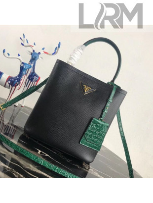 Prada Double Crocodile and Leather Bucket Bag 1BA212 Black/Green 2019