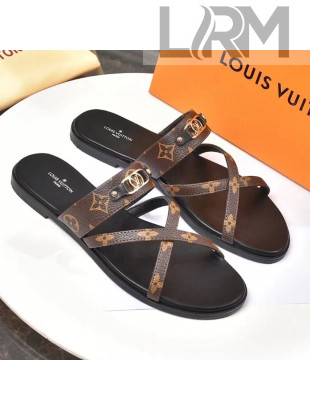 Louis Vuitton Cross Strap Flat Slide Sandals Brown Monogram Canvas 2021