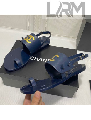 Chanel Calfskin Thong Flat Sandals G36885 Navy Blue 2021
