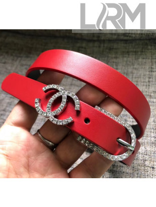 Chanel Width 2cm Leather Belt with Crystal Buckle Red 02 2020