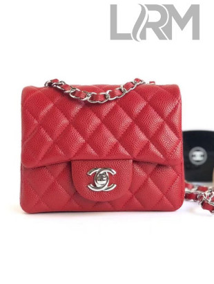 Chanel Caviar Calfskin Mini Square Classic Flap Bag 1115 Red (Silver-Tone Hardware)