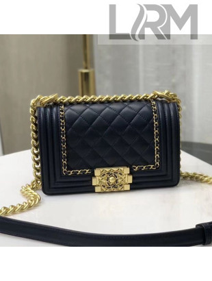 Chanel Quilted Calfskin Chain Small Boy Flap Bag A67085 Navy Blue 2019