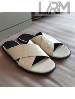 Balenciaga Stone Embossed Patent Calfskin Cross Strap Flat Slide Sandals White 2021
