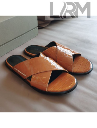 Balenciaga Stone Embossed Patent Calfskin Cross Strap Flat Slide Sandals Brown 2021