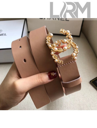 Chanel Width 3cm Smooth Leather Belt with Pearl & Metal Buckle Nude 2020