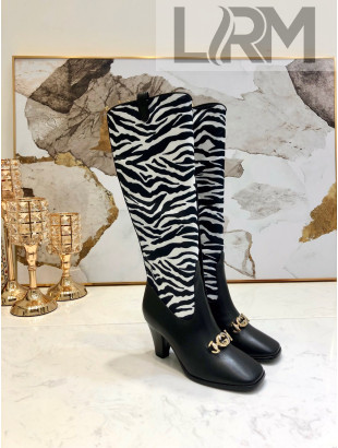 Gucci Zumi Horsebit GG Animal Print Mid-Heel Knee High Boot 577652 White/Black 2019