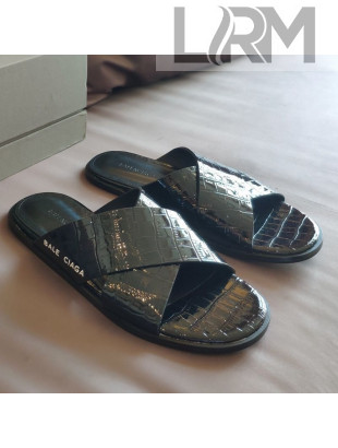 Balenciaga Stone Embossed Patent Calfskin Cross Strap Flat Slide Sandals Black 2021