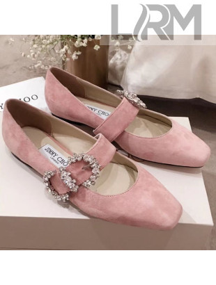 Jimmy Choo Goodwin Suede Mary Jane Flat Ballerina with Crystal Buckle Pink 2019