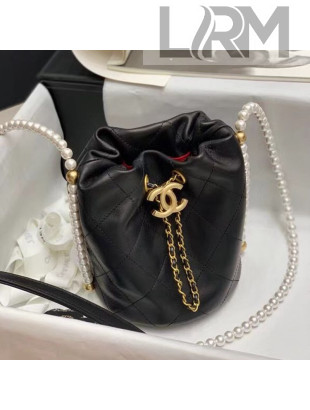 Chanel Quilted Small Drawstring Bucket Bag with Pearl Strap Black 2021