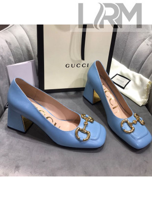 Gucci Leather Mid-Heel Pumps with Horsebit Blue 2020