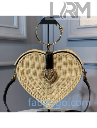 Dolce&Gabbana DG Devotion Heart-Shaped Wicker Bag with Ring Top Handle Black/Beige 2020