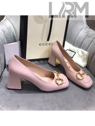 Gucci Leather Mid-Heel Pumps with Horsebit Light Pink 2020