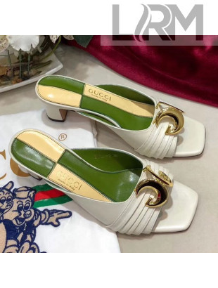 Gucci Leather Mid-heel Slide Mules with Half Moon GG White 2019