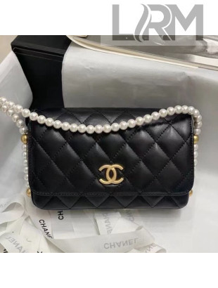 Chanel Quilted Calfskin Mini Flap Bag with Pearl Strap Black 2021
