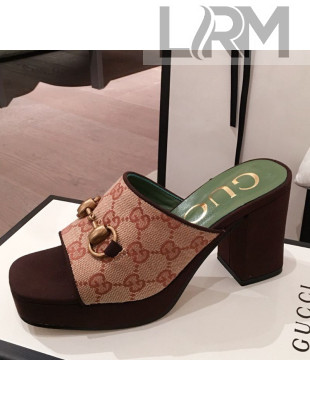 Gucci GG Canvas Horsebit Mid-Heel Platform Slide Sandal ‎602390 Beige 2020