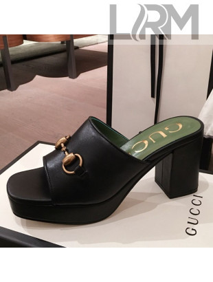 Gucci Leather Horsebit Mid-Heel Platform Slide Sandal ‎602390 Black 2020