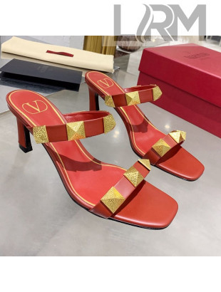 Valentino Rockstud Double Strap Heel Slide Sandals Red 2021