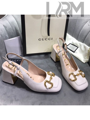 Gucci Mid-Heel Slingback Pumps with Horsebit White 2020