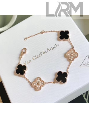 Van Cleef&Arpels Fiver Clovers Crystal Bracelet Black Rosy Gold