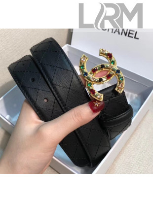 Chanel Width 3cm Quilting Leather Belt with Multicolor Crystal CC Buckle Black 2020