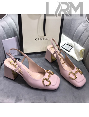 Gucci Mid-Heel Slingback Pumps with Horsebit Light Pink 2020