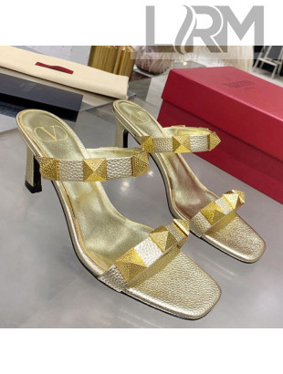 Valentino Rockstud Double Strap Heel Slide Sandals Gold 2021
