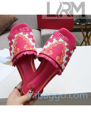 Valentino Print Fringe Flat Slide Sandals Pink 2020